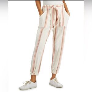 Indigo Rein Linen Blend High Waisted Striped Belted Paperbag Jogger Pants SZ XS